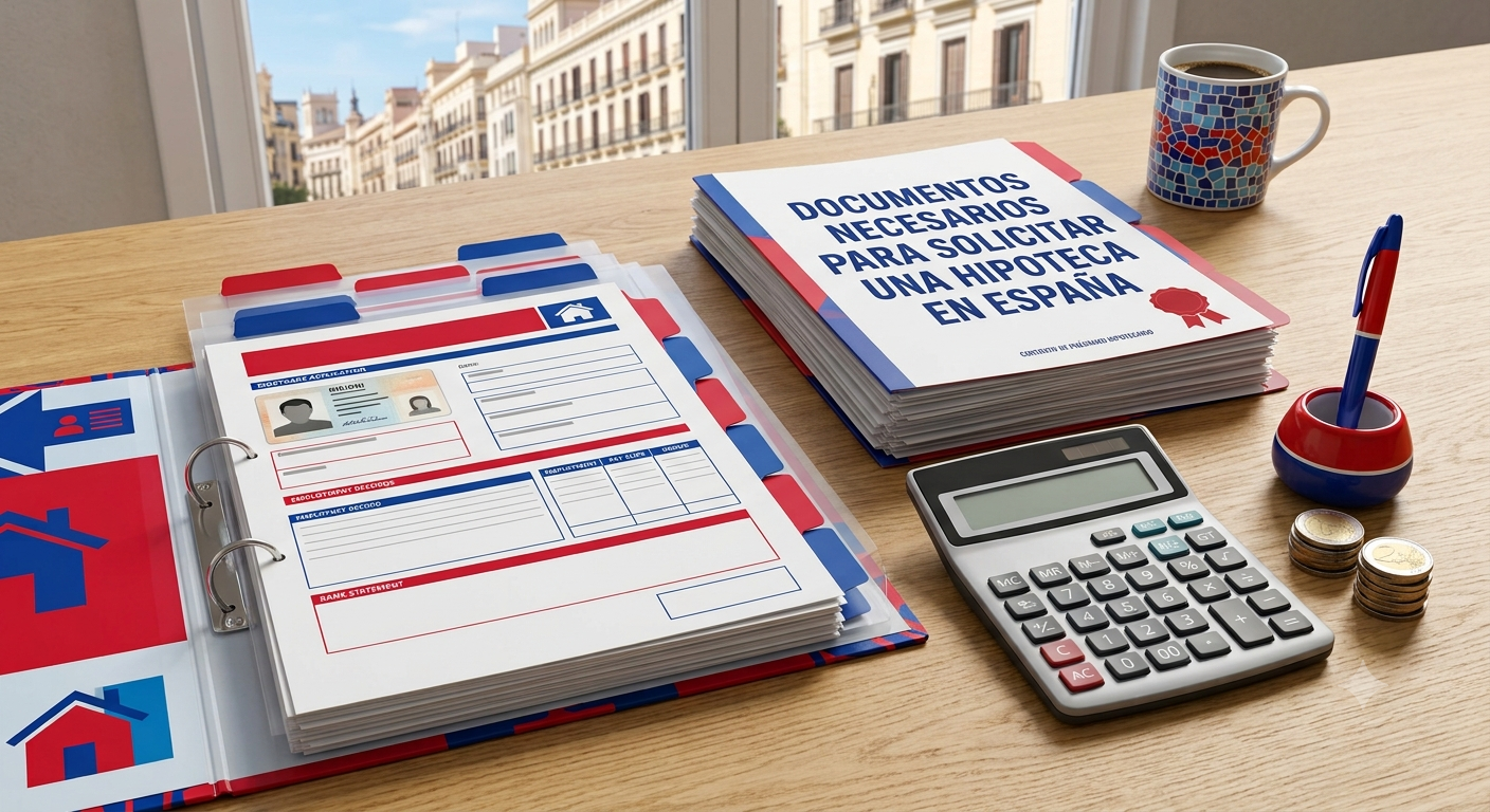 documentos necesarios para solicitar una hipoteca en España organizados sobre una mesa junto a un contrato de compraventa y una calculadora.