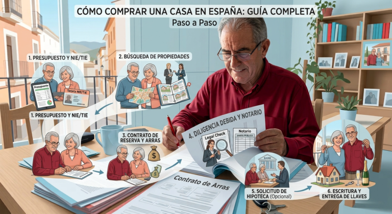 pareja firmando la compra de una vivienda en España con asesor hipotecario y notario en 2026