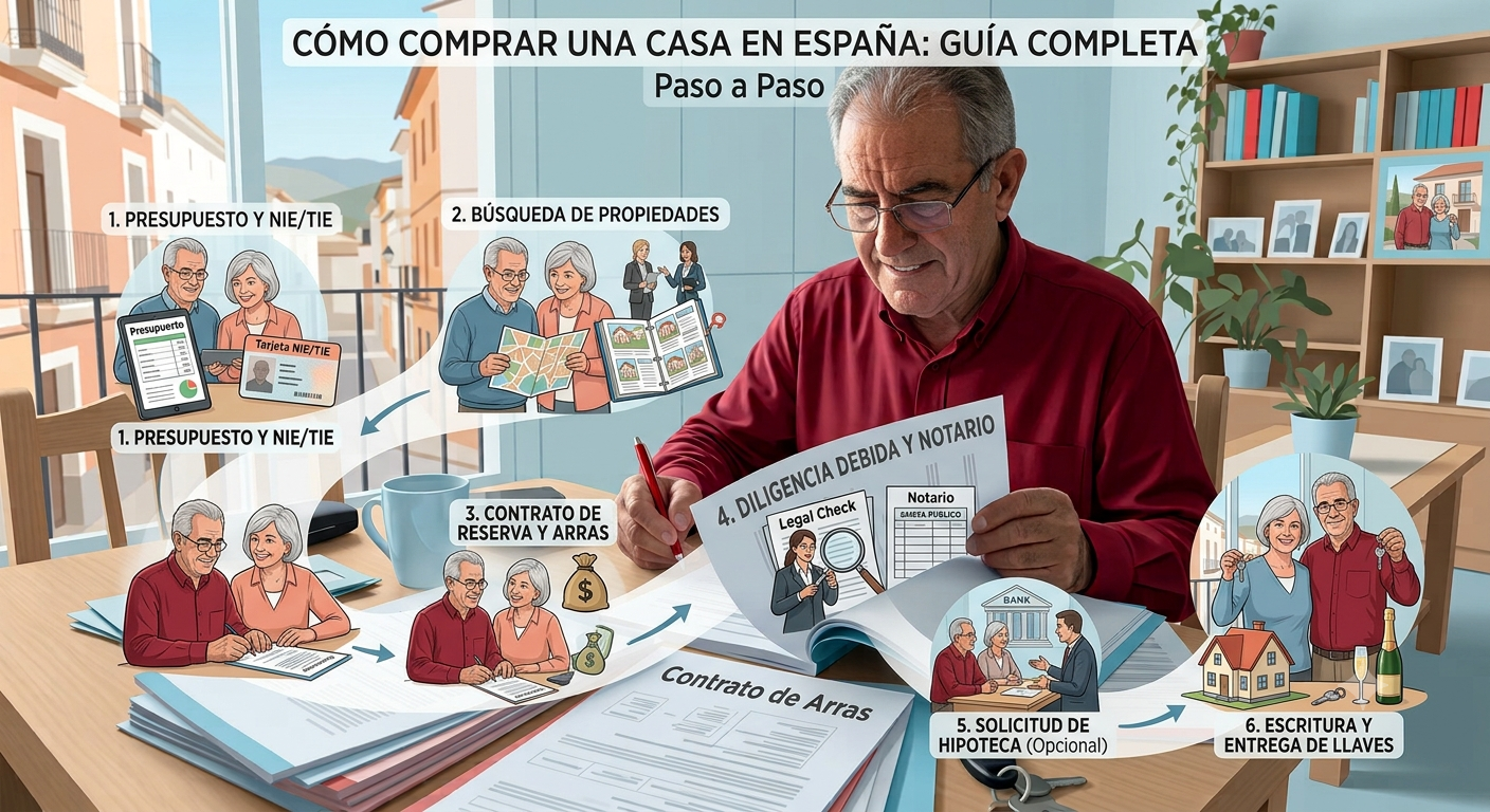 pareja firmando la compra de una vivienda en España con asesor hipotecario y notario en 2026