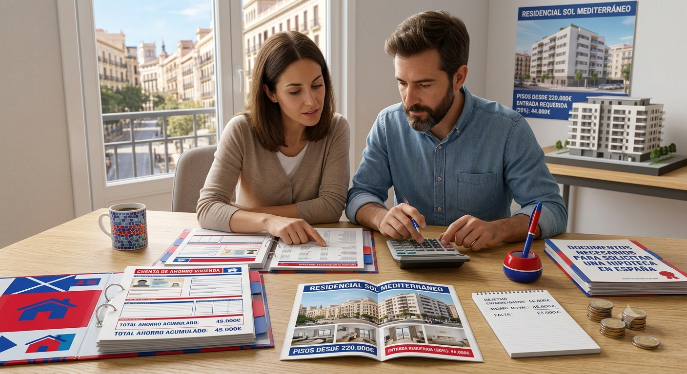 pareja calculando cuánto ahorro necesita antes de pedir una hipoteca en España con una calculadora, documentos financieros y una vivienda de fondo.