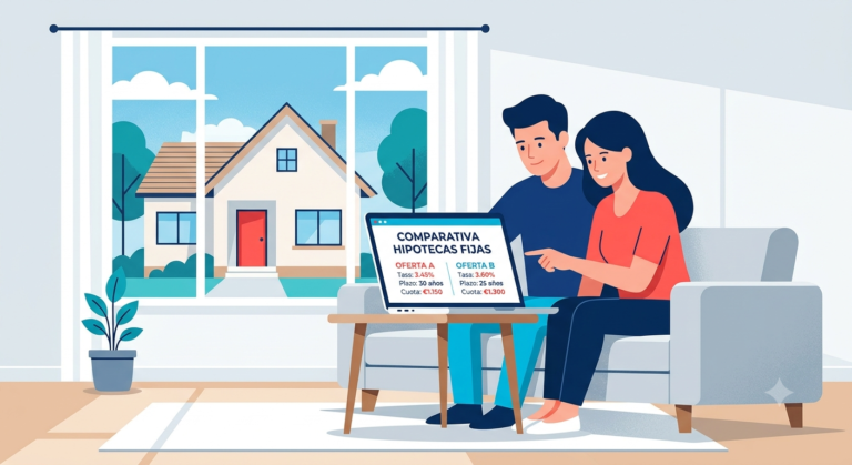 pareja comparando ofertas de hipotecas fijas en un portátil con una casa de fondo