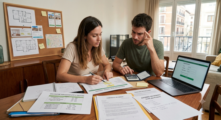 pareja calculando los gastos de notaría e impuestos antes de comprar una vivienda