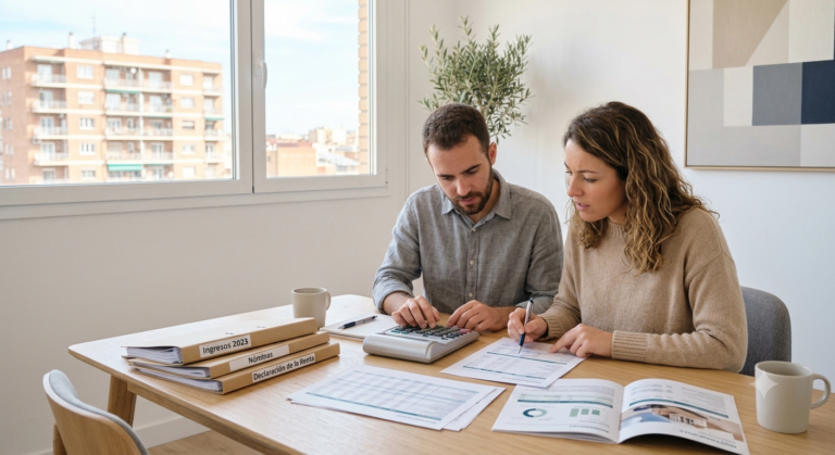 pareja calculando cuánto puede pagar de hipoteca según sus ingresos con una calculadora, documentos financieros y una vivienda al fondo.