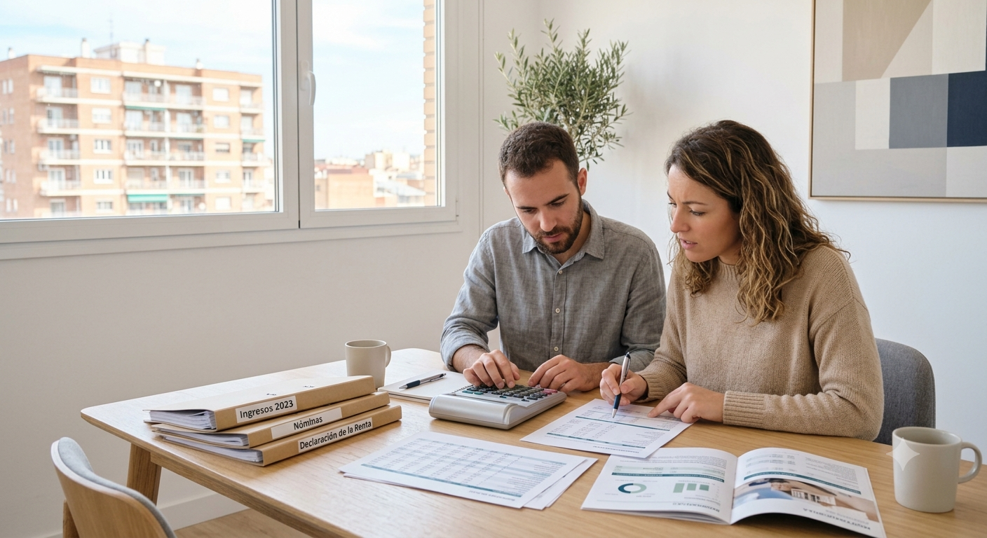 pareja calculando cuánto puede pagar de hipoteca según sus ingresos con una calculadora, documentos financieros y una vivienda al fondo.