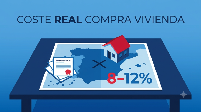 mapa de España con una casa y documentos de impuestos sobre una mesa